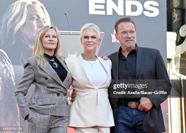 Melanie Griffith, Jamie Lee Curtis and Arnold Schwarzenegger attend the Jamie Lee Curtis Hand and Footprint Ceremony at TCL Chinese Theatre on...