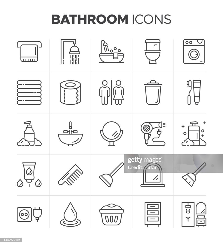 Jeu d’icônes de salle de bain. Cabine de douche, baignoire, toilettes, serviette, serviette, panier à linge, robinet et plus d’icônes liées aux meubles bahtroom