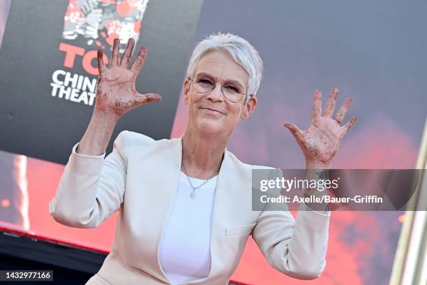 Jamie Lee Curtis is honored with a Hand and Footprint Ceremony at TCL Chinese Theatre on October 12, 2022 in Hollywood, California.