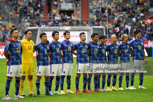 Players of Japan during the National anthem before a game between Japan and USMNT at Düsseldorf Arena on September 23, 2022 in Düsseldorf, Germany.
