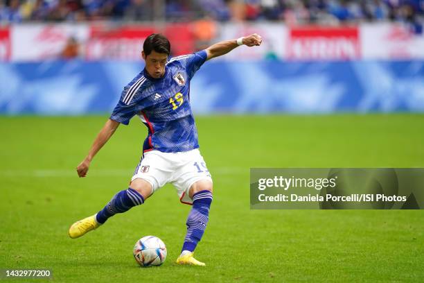 Hiroki Sakai of Japan shoots the ball during a game between Japan and USMNT at Düsseldorf Arena on September 23, 2022 in Düsseldorf, Germany.