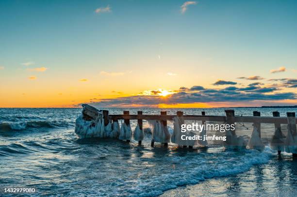 lake ontario and fifty point beach in winter at dawn, grimsby, canada - lake ontario stock pictures, royalty-free photos & images