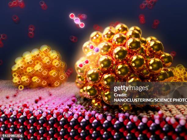 illustrations, cliparts, dessins animés et icônes de nanoparticle catalyst on metal oxide , illustration - nanoparticule