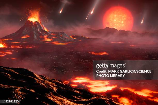 artwork of a volcanic exoplanet - volcanic landscape stock illustrations