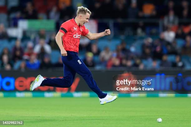 Sam Curran of England celebrates the wicket of Tim David of Australia during game two of the T20 International series between Australia and England...