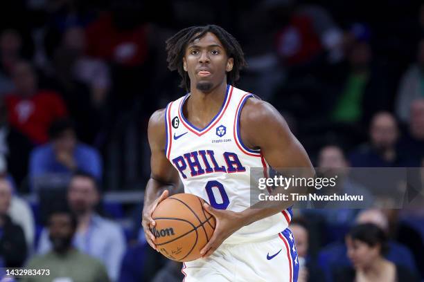 Tyrese Maxey of the Philadelphia 76ers looks on during the first quarter against the Charlotte Hornets at Wells Fargo Center on October 12, 2022 in...