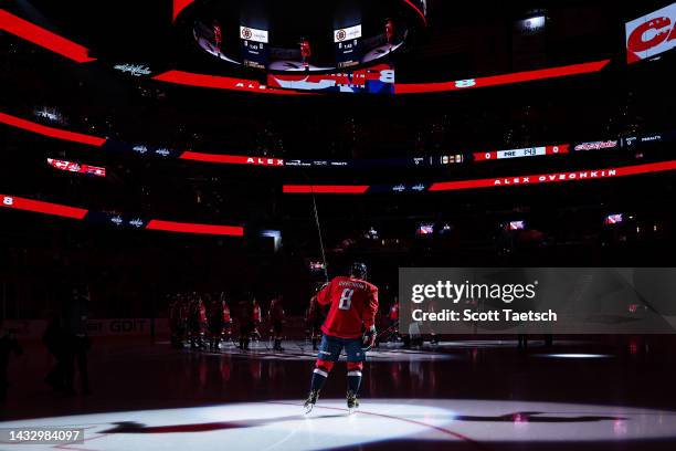 Alex Ovechkin of the Washington Capitals is introduced before the game against the Boston Bruins at Capital One Arena on October 12, 2022 in...