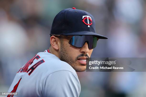 Carlos Correa of the Minnesota Twins looks on against the Chicago White Sox at Guaranteed Rate Field on October 05, 2022 in Chicago, Illinois.