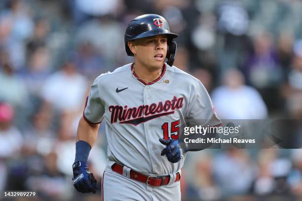 Gio Urshela of the Minnesota Twins in action against the Chicago White Sox at Guaranteed Rate Field on October 05, 2022 in Chicago, Illinois.