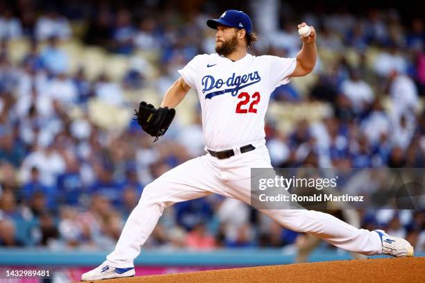 Clayton Kershaw of the Los Angeles Dodgers pitches in the first inning during game two of the National League Division Series against the San Diego...