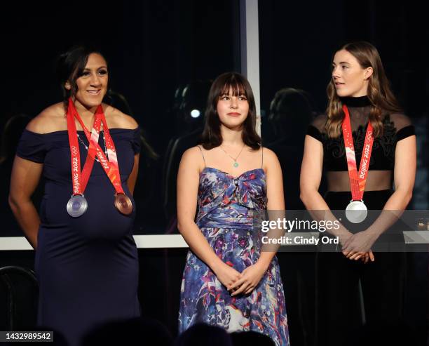 Elana Meyers Taylor, Alysa Liu, Jaelin Kauf appear on stage during The Women's Sports Foundation's 2022 Annual Salute To Women In Sports Gala at Pier...