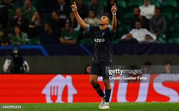 Alexis Sanchez of Olympique Marseille celebrates after scoring a goal during the UEFA Champions League - Group D match between Sporting CP and...