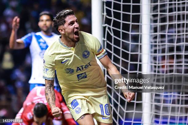 Diego Valdés of America celebrates after scoring his team's first goal during the quarterfinals first leg match between Puebla and America as part of...