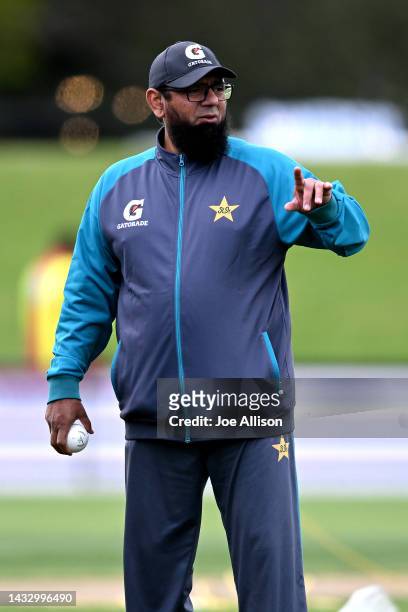 Saqlain Mushtaq head coach of Pakistan looks on ahead of game six of the T20 International series between Bangladesh and Pakistan at Hagley Oval on...
