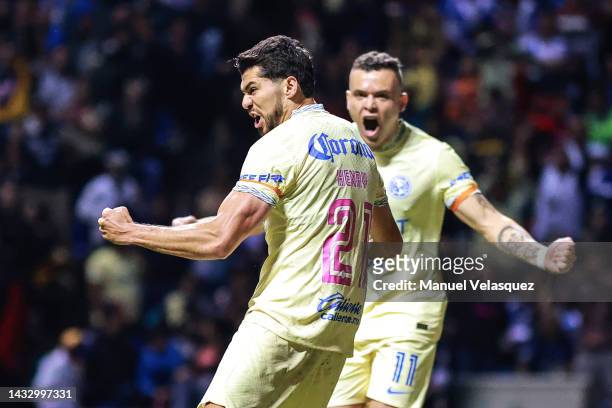 Henry Martín of America celebrates after scoring his team's second goal during the quarterfinals first leg match between Puebla and America as part...