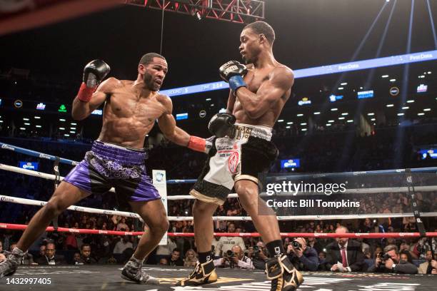 January 20: Errol Spence Jr defeats Lamont Peterson by RTD in the 10th round in their Championship Welterweight fight at the Barclay Center in...