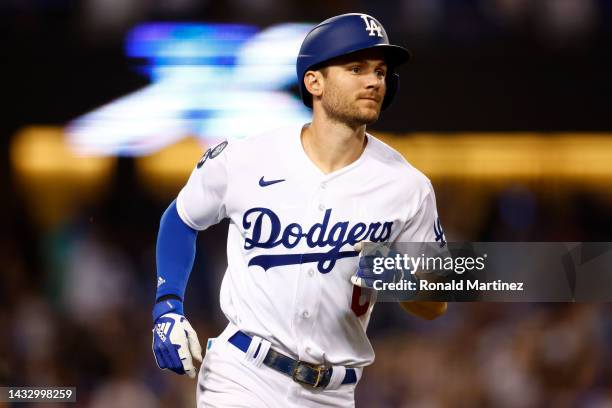 Trea Turner of the Los Angeles Dodgers runs the bases after hitting a solo home run in the third inning in game two of the National League Division...