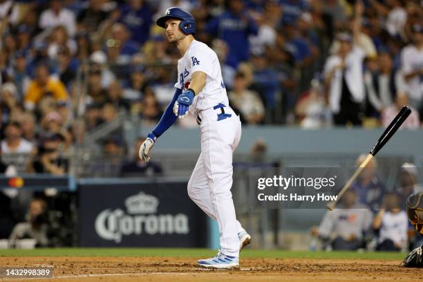 Trea Turner of the Los Angeles Dodgers hits a solo home run in the third inning in game two of the National League Division Series against the San...