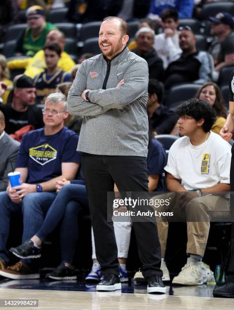 Tom Thibodeau the head coach of the New York Knicks against the Indiana Pacers at Gainbridge Fieldhouse on October 12, 2022 in Indianapolis, Indiana....