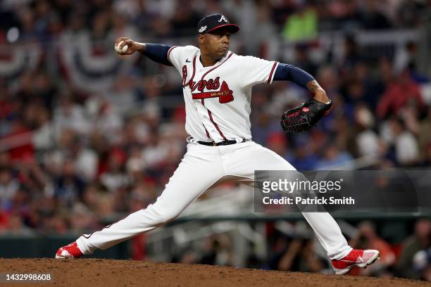 Raisel Iglesias of the Atlanta Braves delivers a pitch against the Philadelphia Phillies during the eighth inning in game two of the National League...