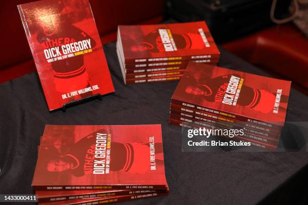 General view of the book titled "Dick Gregory Wake Up and Stay Woke: Running for Live" is displayed during a celebration of the late Dick Gregory on...
