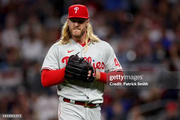 Noah Syndergaard of the Philadelphia Phillies reacts during the eighth inning against the Atlanta Braves in game two of the National League Division...