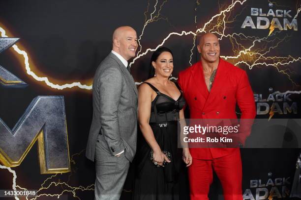Hiram Garcia, Dany Garcia and Dwayne Johnson attend the New York premiere of DC's "Black Adam" at AMC Empire 25 on October 12, 2022 in New York City.
