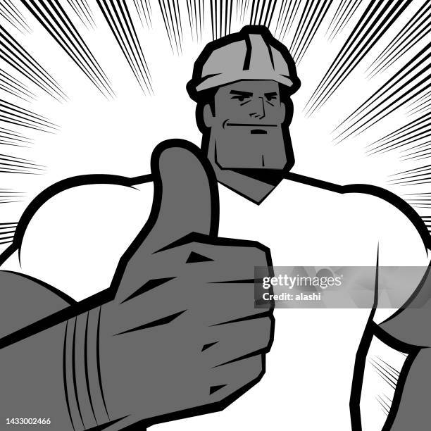 a powerful blue-collar worker wearing a work helmet gives a thumbs up, comics effects lines background, black and white vision - black thumbs up white background stock illustrations