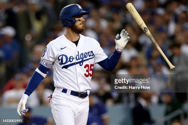 Cody Bellinger of the Los Angeles Dodgers reacts after striking out in the second inning in game two of the National League Division Series against...