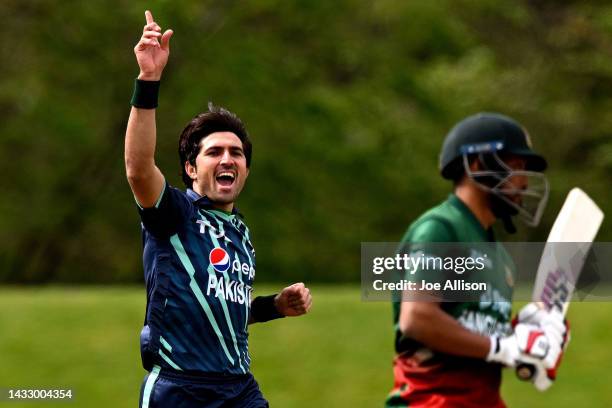 Mohammad Wasim of Pakistan celebrates the wicket of Najmul Hossain Shanto during game six of the T20 International series between Bangladesh and...