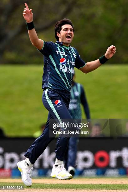 Mohammad Wasim of Pakistan celebrates the wicket of Najmul Hossain Shanto during game six of the T20 International series between Bangladesh and...