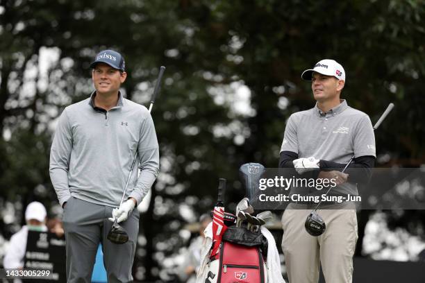 Adam Schenk and Brendan Steele of the United States are seen on the 6th tee during the first round of the ZOZO Championship at Accordia Golf...