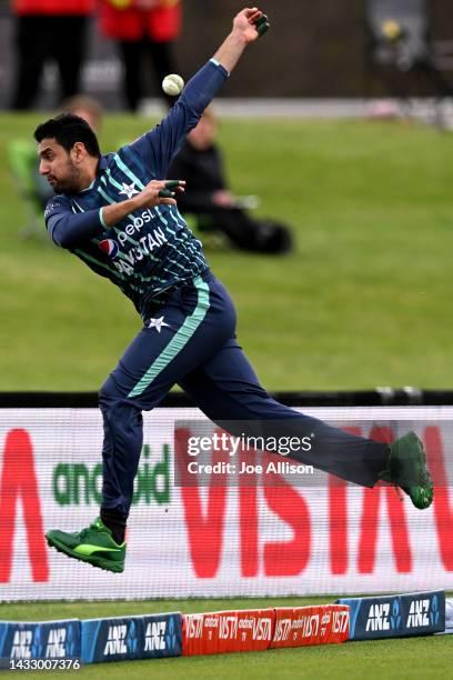 Haider Ali of Pakistan takes a catch as he falls outside the boundary during game six of the T20 International series between Bangladesh and Pakistan...