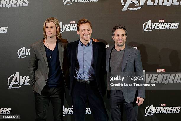 Chris Hemsworth, Tom Hiddleston and Mark Ruffalo attend the photocall of Marvel's "The Avengers" at Ritz Carlton on April 23, 2012 in Berlin, Germany.