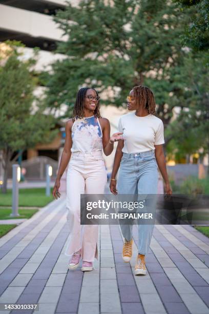 african american twins walking in a public park - adult twins stockfoto's en -beelden
