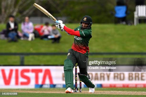 Shakib Al Hasan of Bangladesh bats during game six of the T20 International series between Bangladesh and Pakistan at Hagley Oval on October 13, 2022...