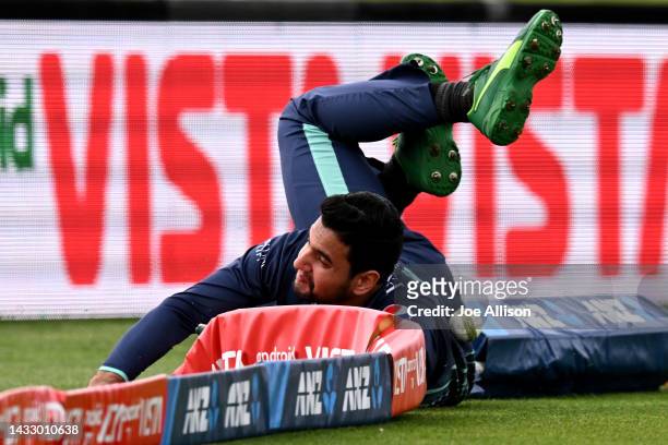 Haider Ali of Pakistan fails to save a boundary during game six of the T20 International series between Bangladesh and Pakistan at Hagley Oval on...