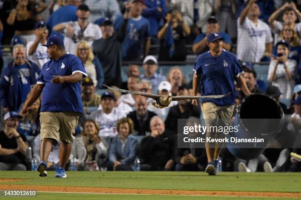 Goose flies on the field during the eighth inning of game two of the National League Division Series between the Los Angeles Dodgers and San Diego...