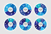 Pie chart set. Blue diagram collection with ,3,4,5,6,7,8 sections or steps. Circle icons for infographic, UI, web design, business presentation