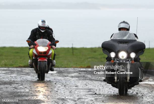 Spectators arrive on motorbikes during previews ahead of the MotoGP of Australia at Phillip Island Grand Prix Circuit on October 13, 2022 in Phillip...