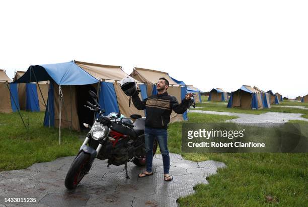 Johan Alvares reacts after arriving in the camp grounds during previews ahead of the MotoGP of Australia at Phillip Island Grand Prix Circuit on...