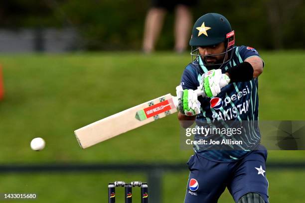 Babar Azam of Pakistan bats during game six of the T20 International series between Bangladesh and Pakistan at Hagley Oval on October 13, 2022 in...