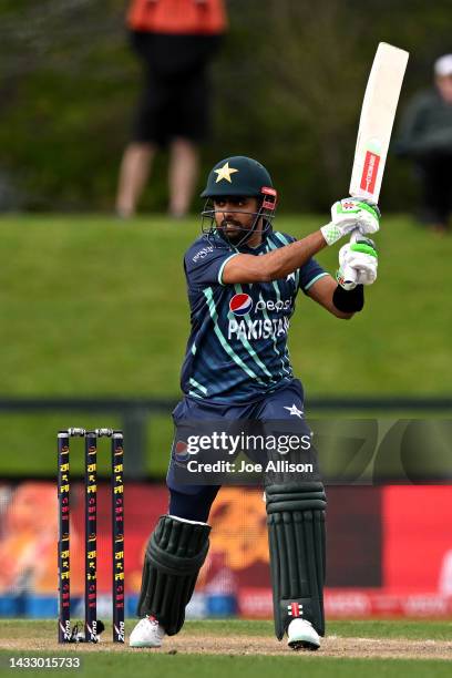 Babar Azam of Pakistan bats during game six of the T20 International series between Bangladesh and Pakistan at Hagley Oval on October 13, 2022 in...