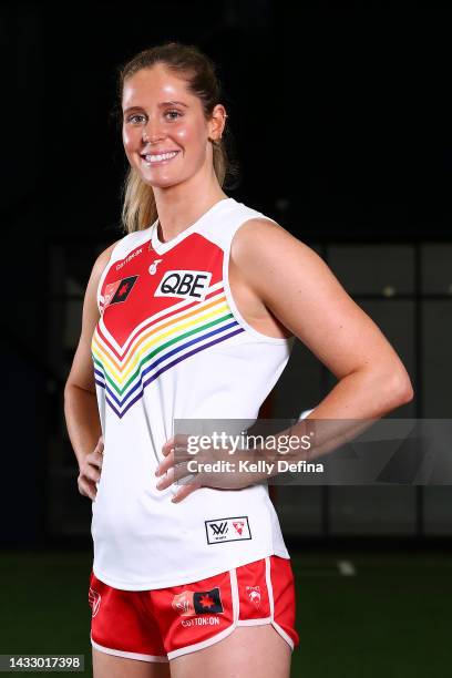 Alice Mitchell of the Swans poses for a portrait during the 2022 AFLW Pride Round Launch at Ikon Park on October 13, 2022 in Melbourne, Australia.