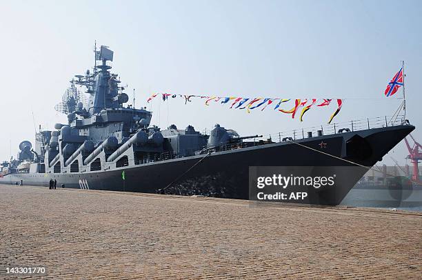 The Russian destroyer Admiral Vinogradov is berthed at the People's Liberation Army naval base in Qingdao, northeastern China's Shandong province on...