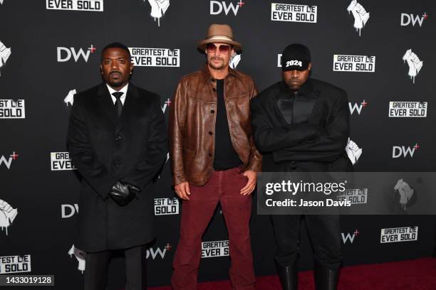 Ray J, Kid Rock, and Kanye West attend the "The Greatest Lie Ever Sold" Premiere Screening on October 12, 2022 in Nashville, Tennessee.