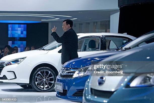 Wang Chuanfu, chairman of BYD Co. Ltd., speaks during a media event at the auto show in Beijing, China, on Monday, April 23, 2012. The Beijing...