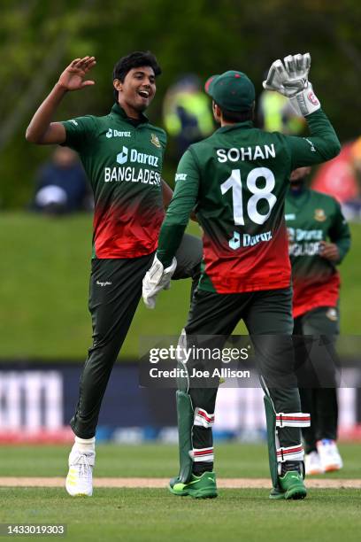 Hasan Mahmud of Bangladesh celebrates after bowling Haider Ali during game six of the T20 International series between Bangladesh and Pakistan at...