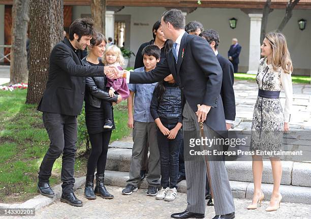 Prince Felipe and Princess Letizia pose with Nicanor Parra's relatives during 'Miguel de Cervantes 2011' Award, given to Chilean writer Nicanor...