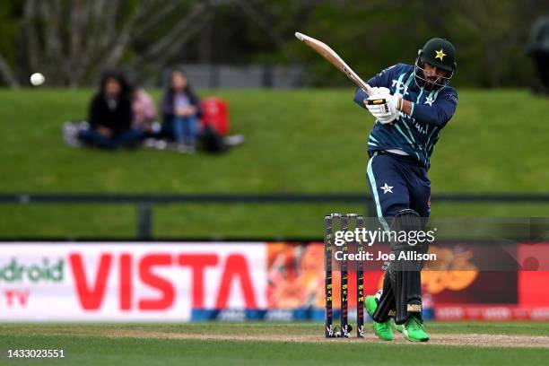 Mohammad Nawaz of Pakistan bats during game six of the T20 International series between Bangladesh and Pakistan at Hagley Oval on October 13, 2022 in...